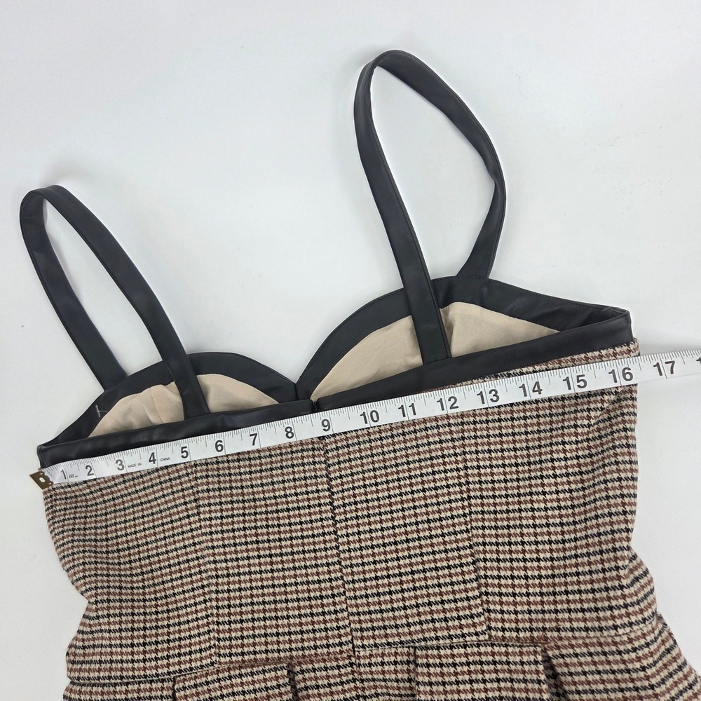 Venus Houndstooth Mini Dress S Brown Faux Leather Trim Dark Academia Preppy Edgy - Picture 6 of 8
